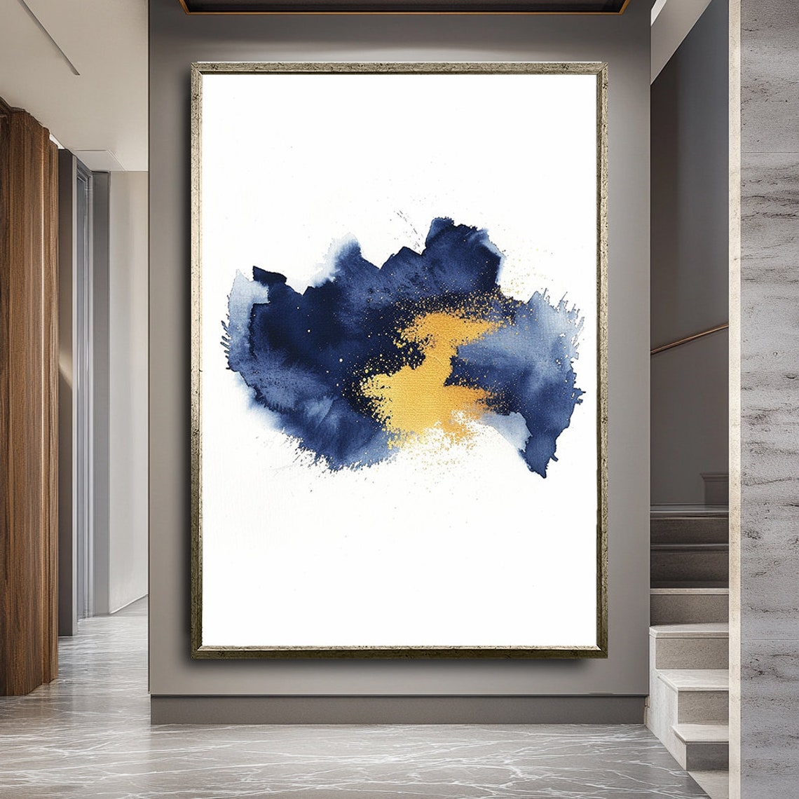 Minimalist Navy Gold Watercolor Blot Centered Abstract Art Poster - Image 2