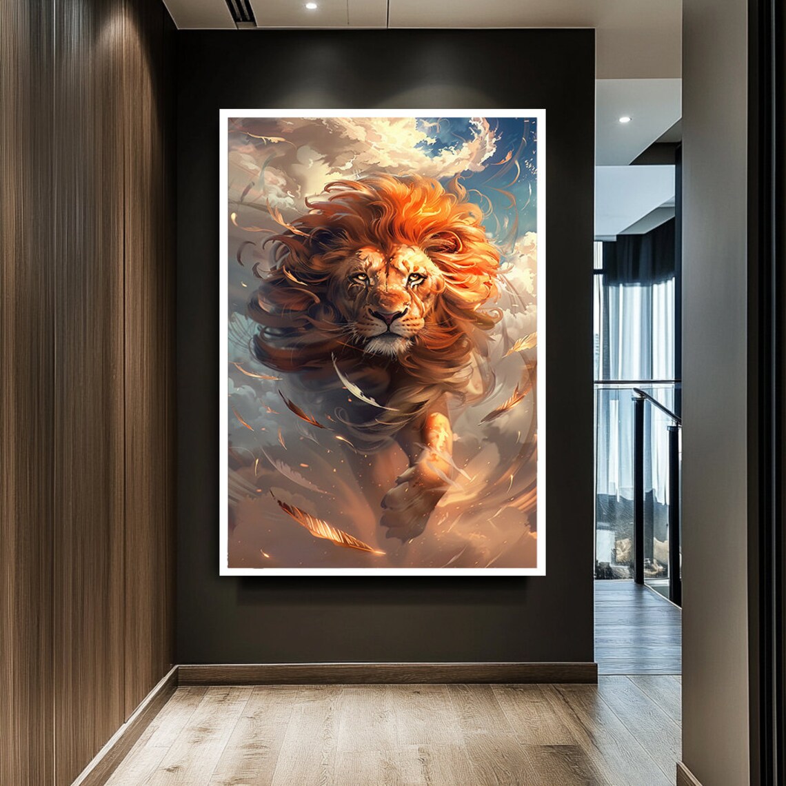 Powerful Lion Leaping Through Clouds Fiery Mane Dynamic Fantasy Art Poster