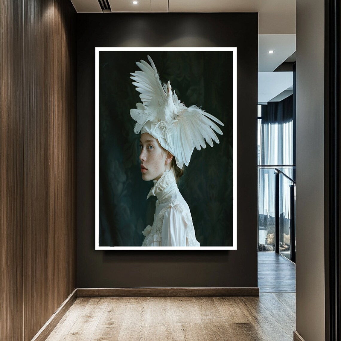Woman With White Feather Swan Headdress Moody Victorian Portrait Art Poster - Image 2