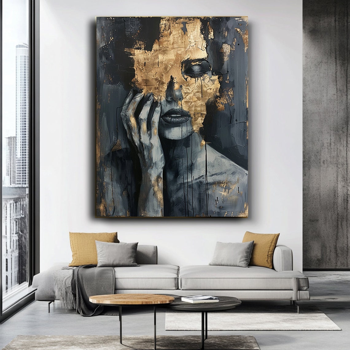 Golden Woman Art Modern Wall Hanging Fashion Girl Art Black Gold Print Extra Large Wall Art Wall Art Abstract Woman Art - Image 3