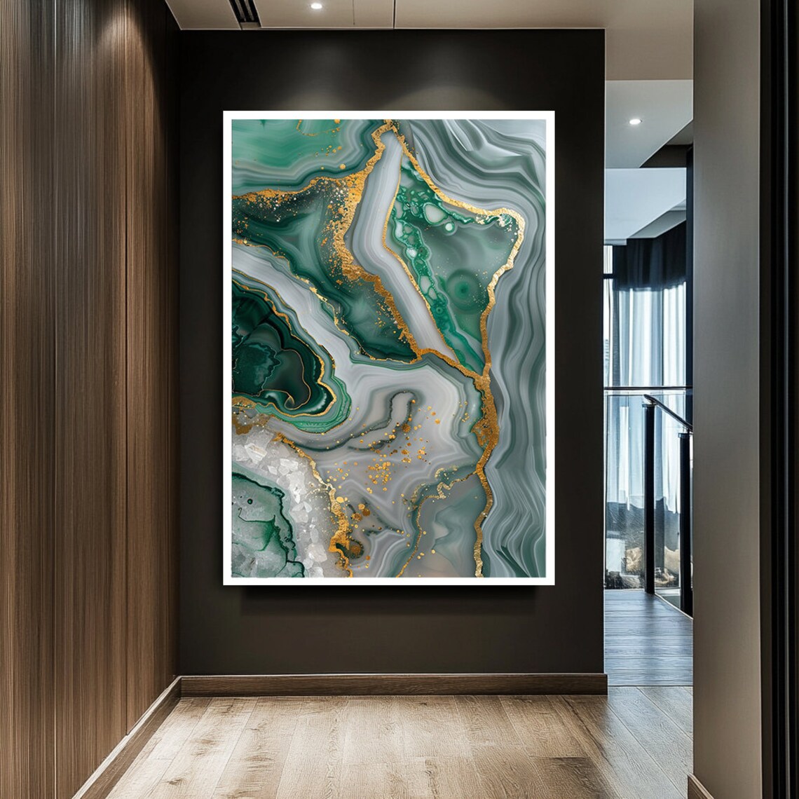 Green White Marble Agate Gold Accents Abstract Stone Art Poster - Image 2