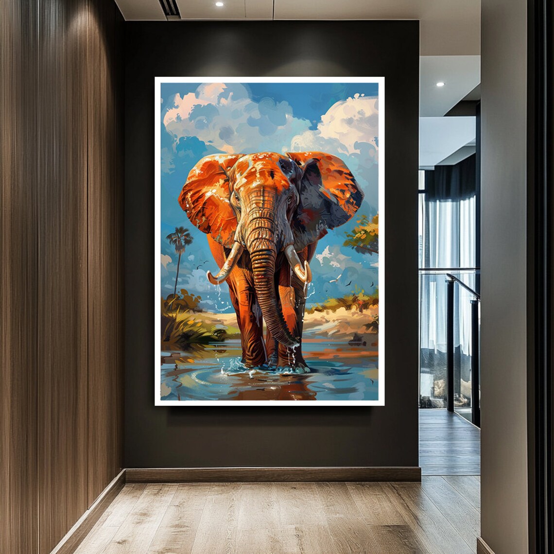 African Elephant Savanna Watering Hole Vibrant Wildlife Art Poster - Image 2