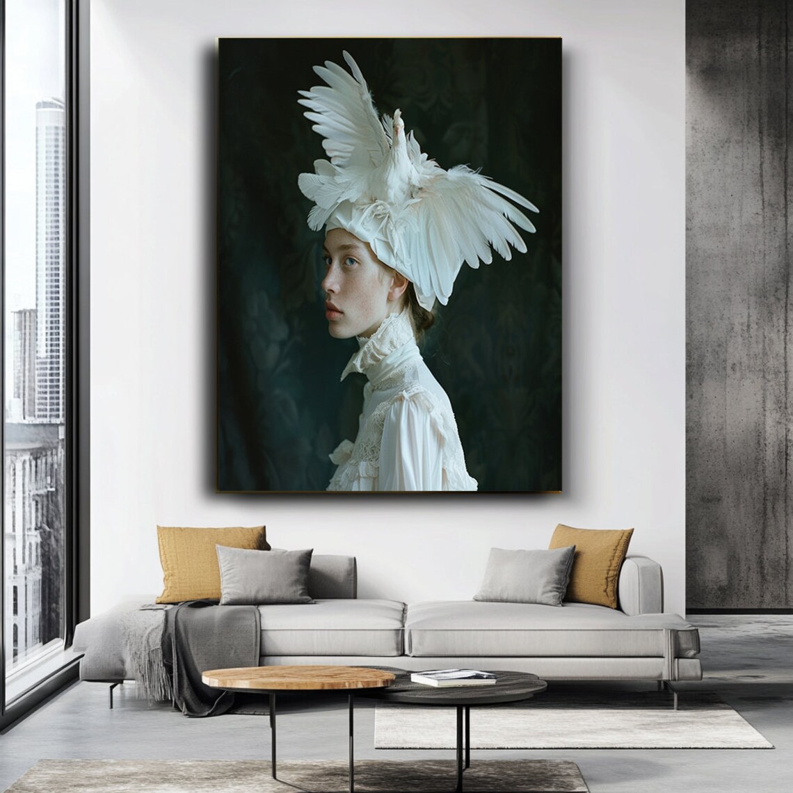 Woman With White Feather Swan Headdress Moody Victorian Portrait Art Poster - Image 3