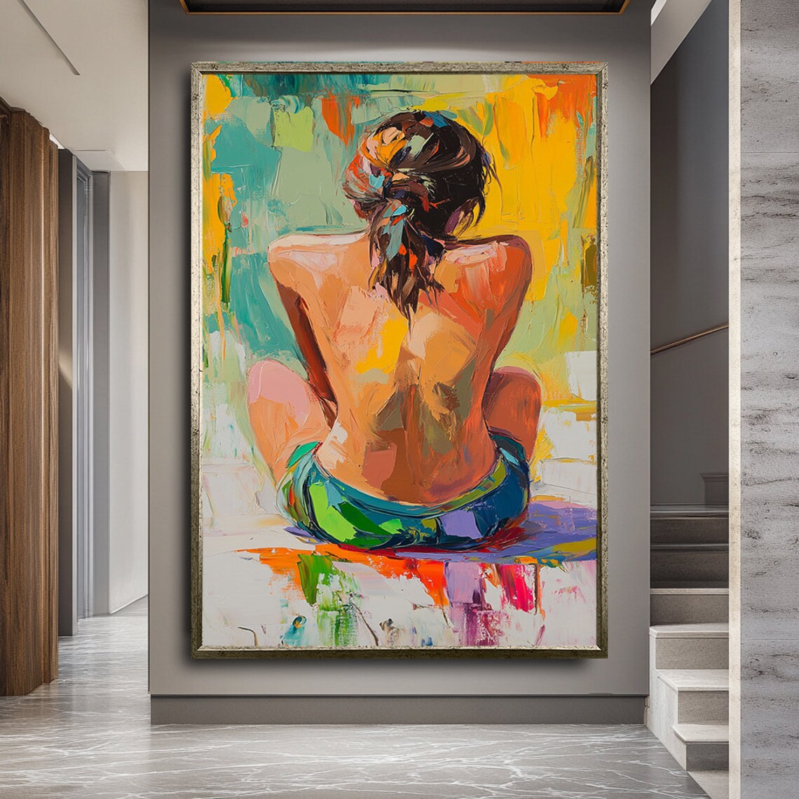 Colorful Back View Woman Sitting In Sun Abstract Vibrant Painting Art Poster - Image 2