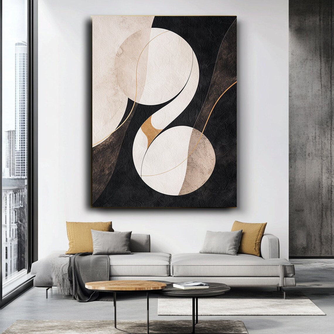 Cream Circles On Textured Black Canvas With Gold Line Abstract Poster - Image 4