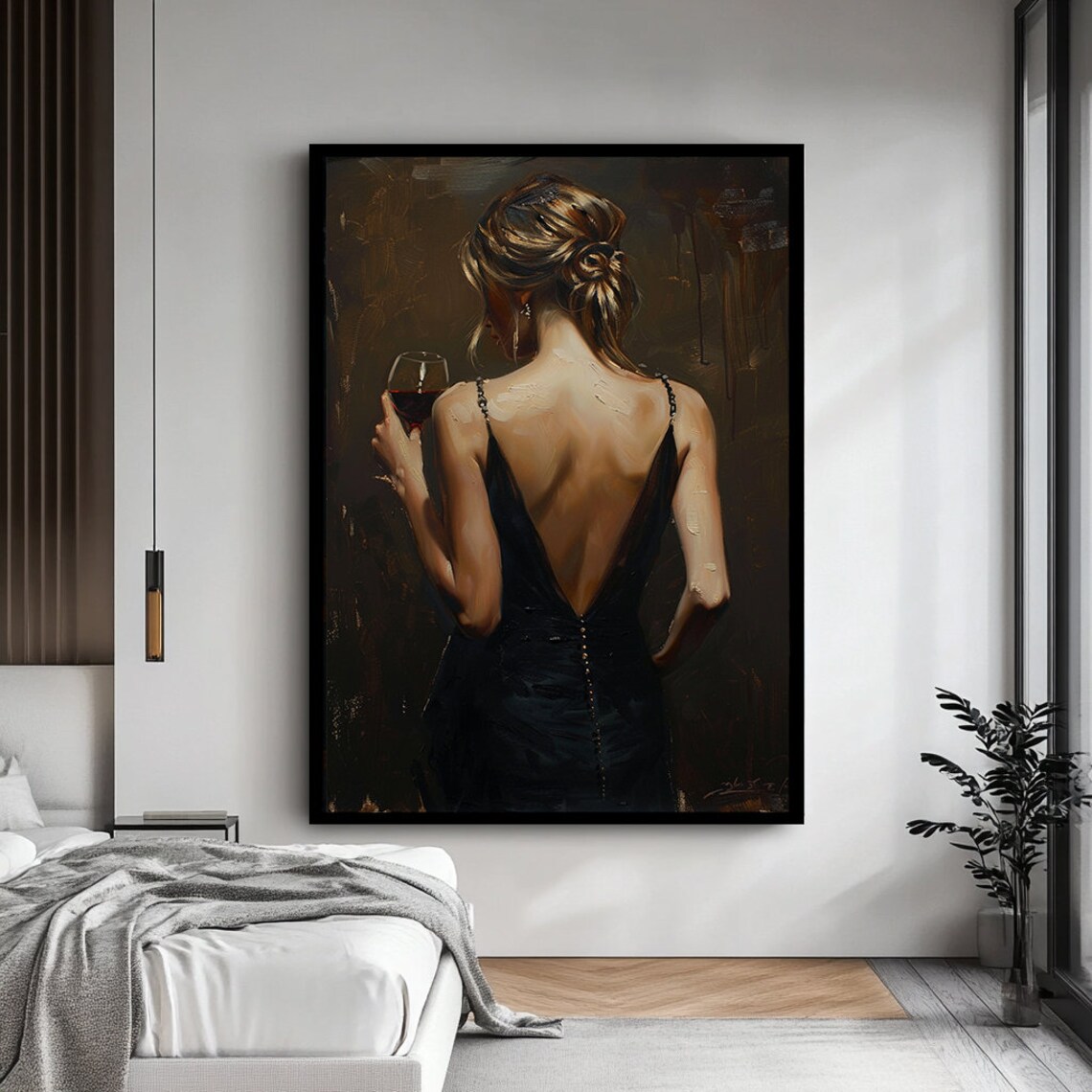 Woman Backless Evening Gown Holding Wine Dark Moody Art Poster - Image 4