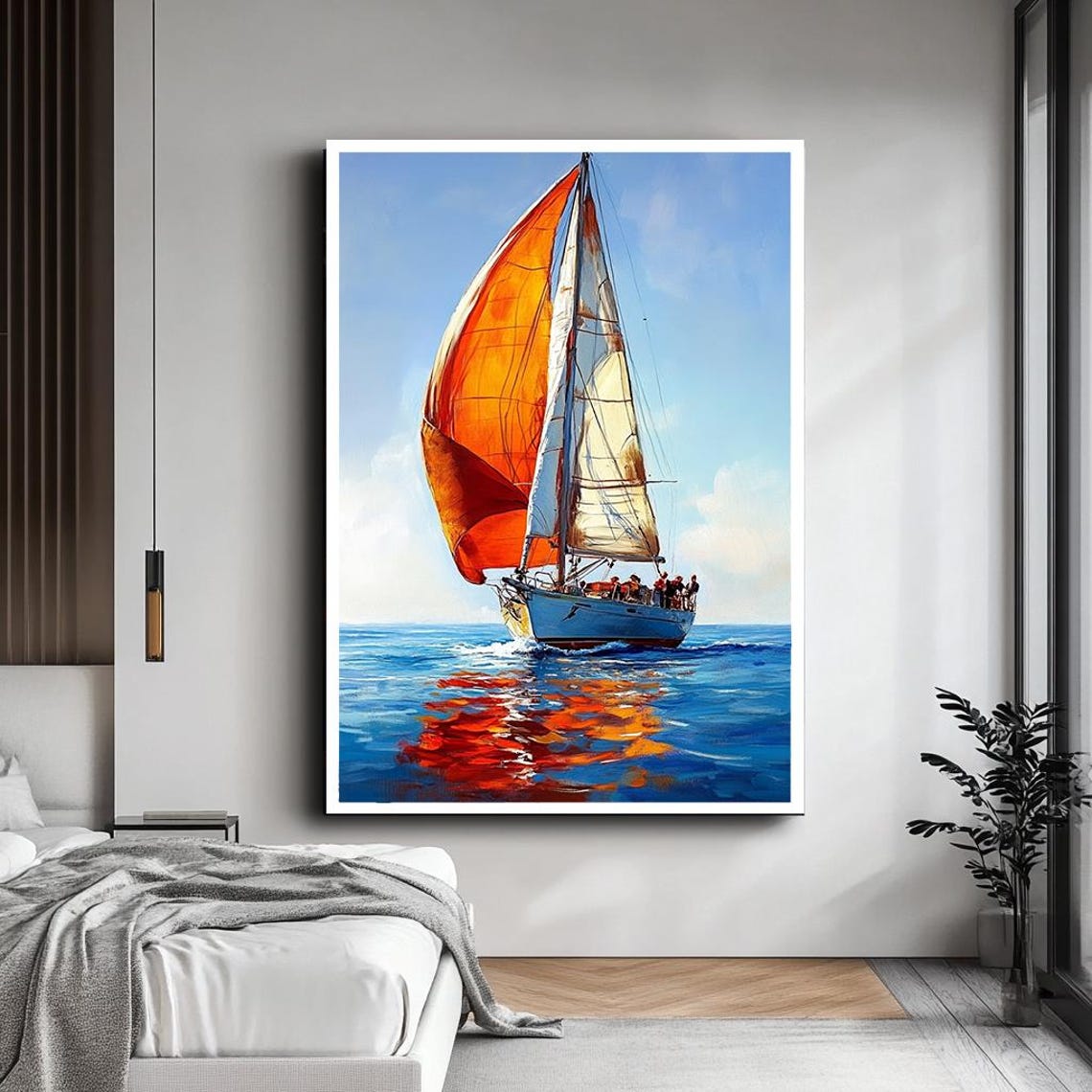 Sailing Boat Orange Sails Blue Ocean Waves Vibrant Nautical Art Poster - Image 2