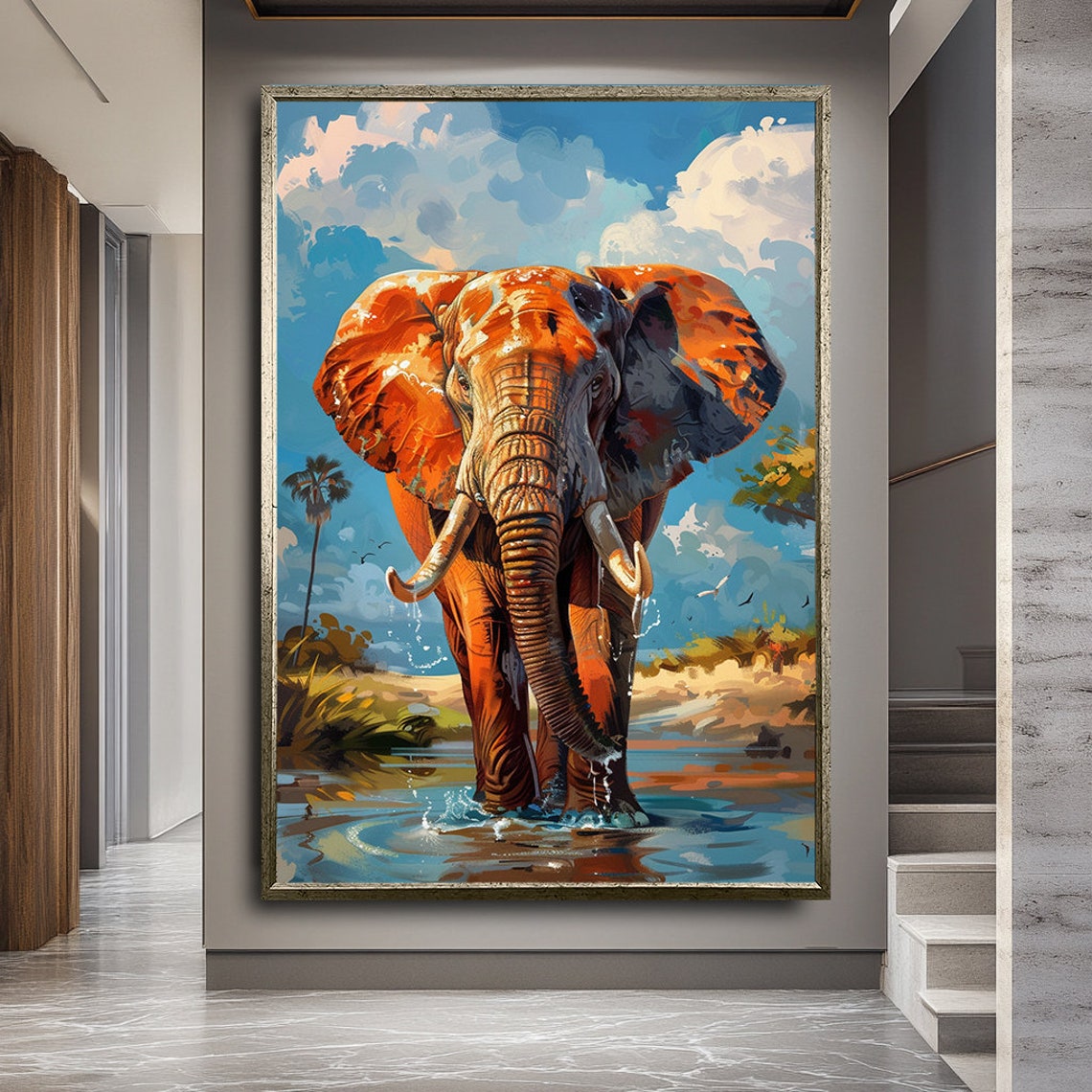 African Elephant Savanna Watering Hole Vibrant Wildlife Art Poster - Image 3