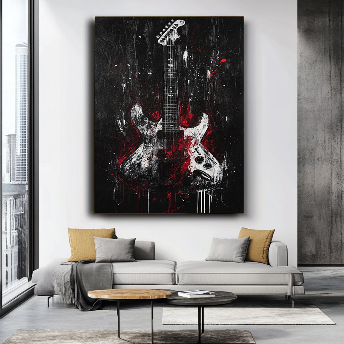 Abstract Electric Guitar White Red Splatter Black Background Music Art Poster - Image 3