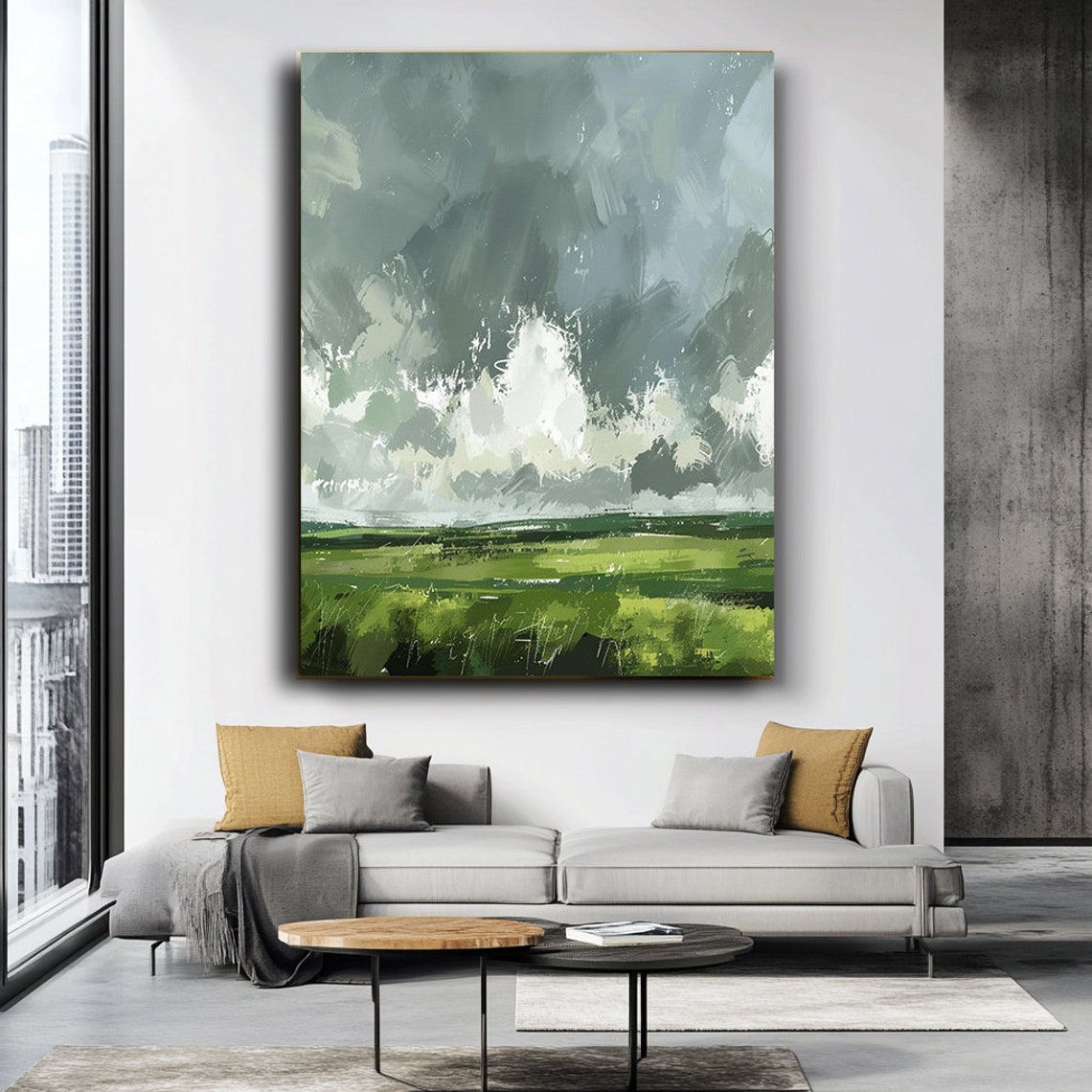 Impressionist Green Meadow Field Dramatic Sky Painterly Art Poster - Image 3