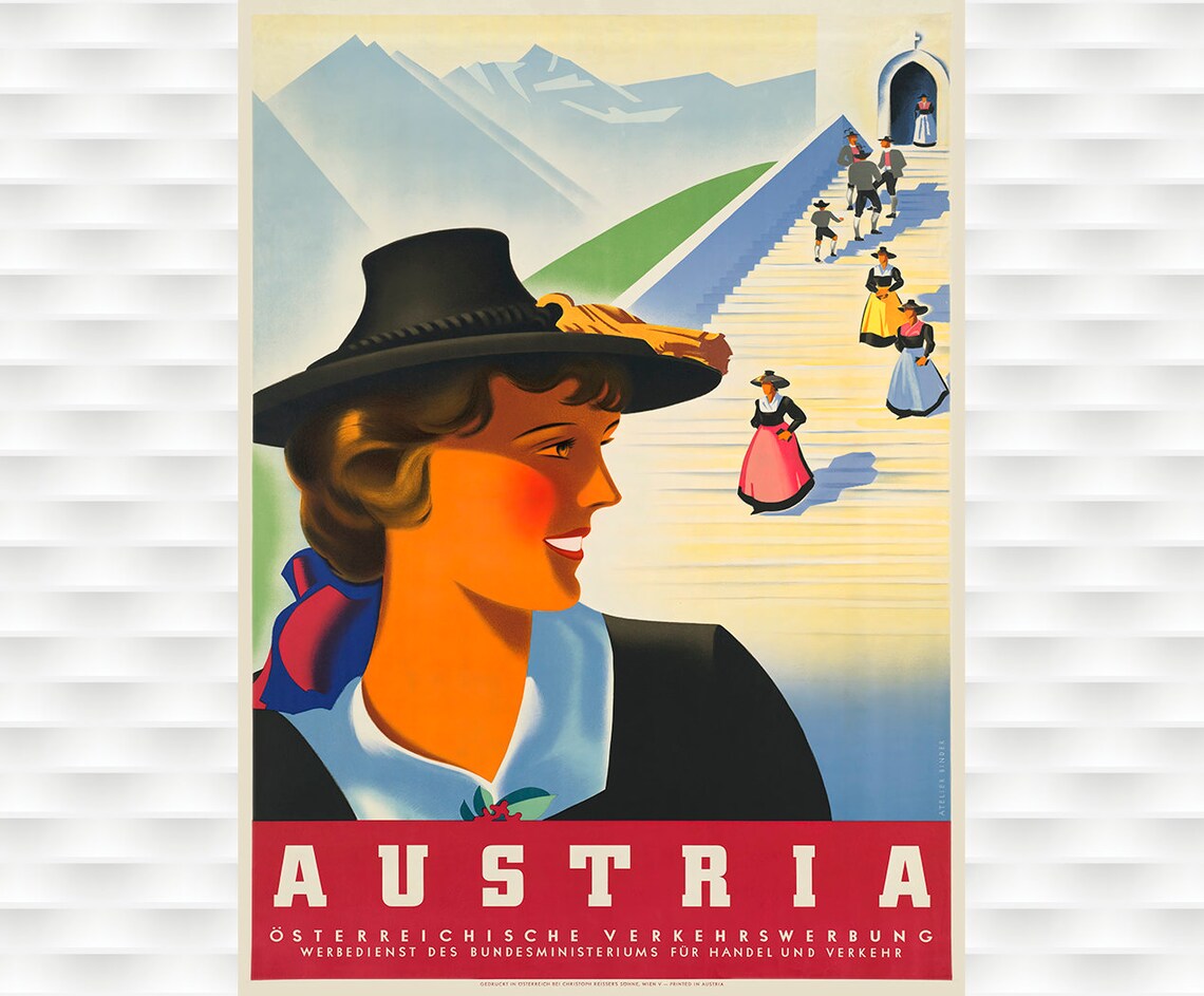 Vintage Austria Travel Poster Traditional Dress Alpine Village Scene