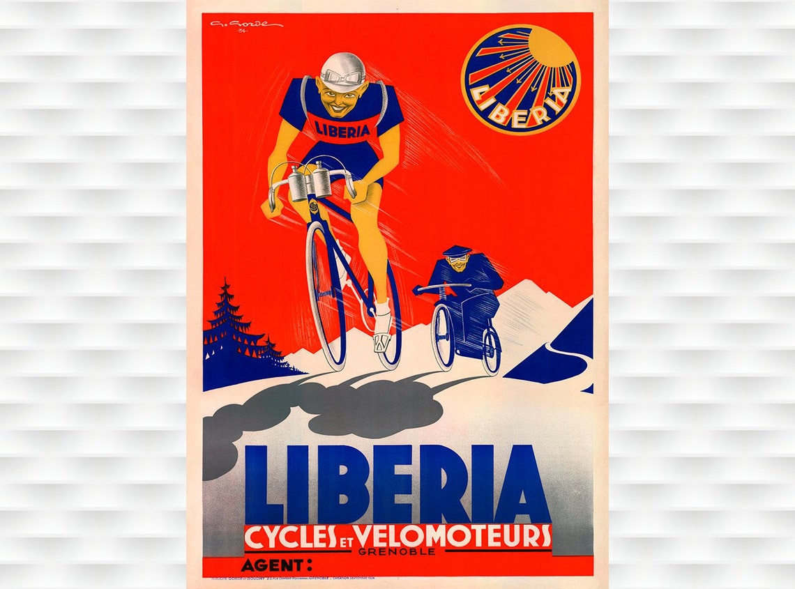 Liberia Cycles Grenoble Racing Cyclist French Vintage Bicycle Poster