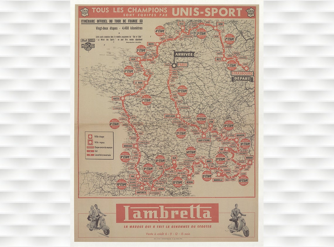 1953 Tour De France Original Vintage Bicycle Poster Cycling Poster Bicycle Art Vintage Poster Cycling Art Cycling Art