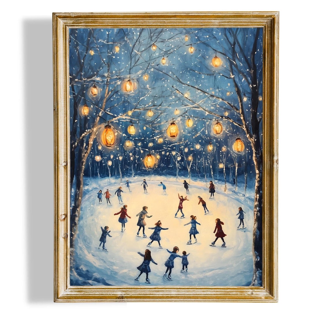 Night Ice Skating Under Glowing Lanterns Snowy Forest Art Poster