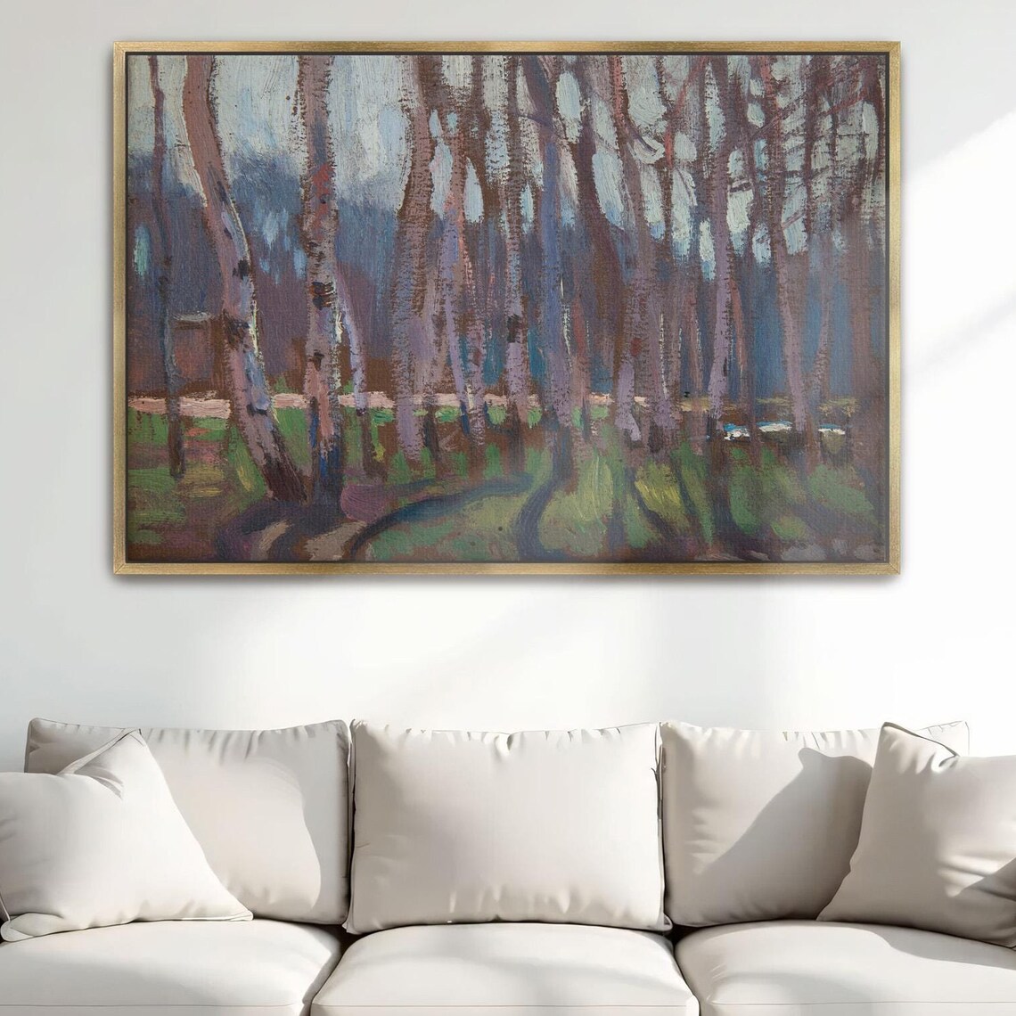 Large Framed Print Of Impressionistic Painting Of A Birch Grove Landscape Wall Art Green And Brown Entryway Artwork Boho Art
