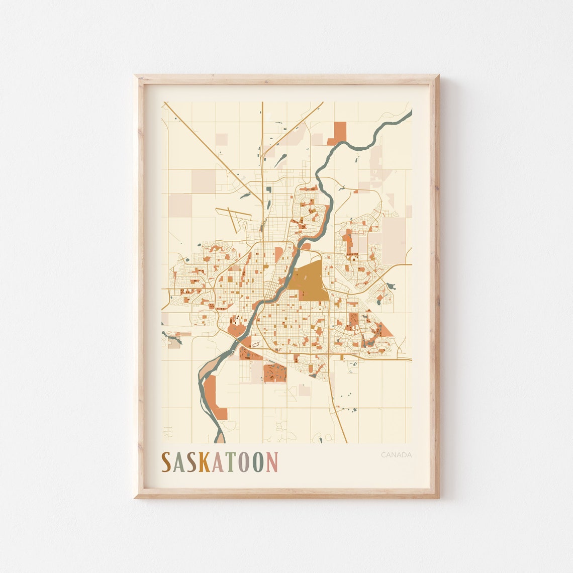 Saskatoon Canada Minimalist Street Map Poster in Boho Neutral Tones