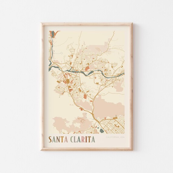 Santa Clarita California Colorful City Map Poster With Warm Vintage Style