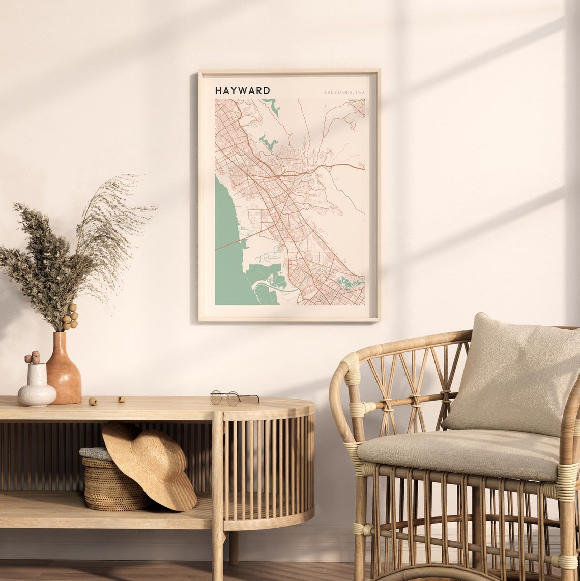 Hayward California Minimalist Street Map Poster in Blush and Sage - Image 2