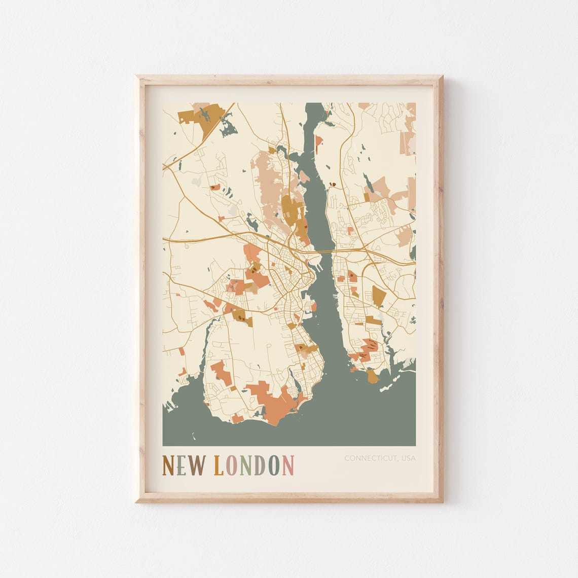 New London Connecticut Colorful Retro Coastal City Map Poster