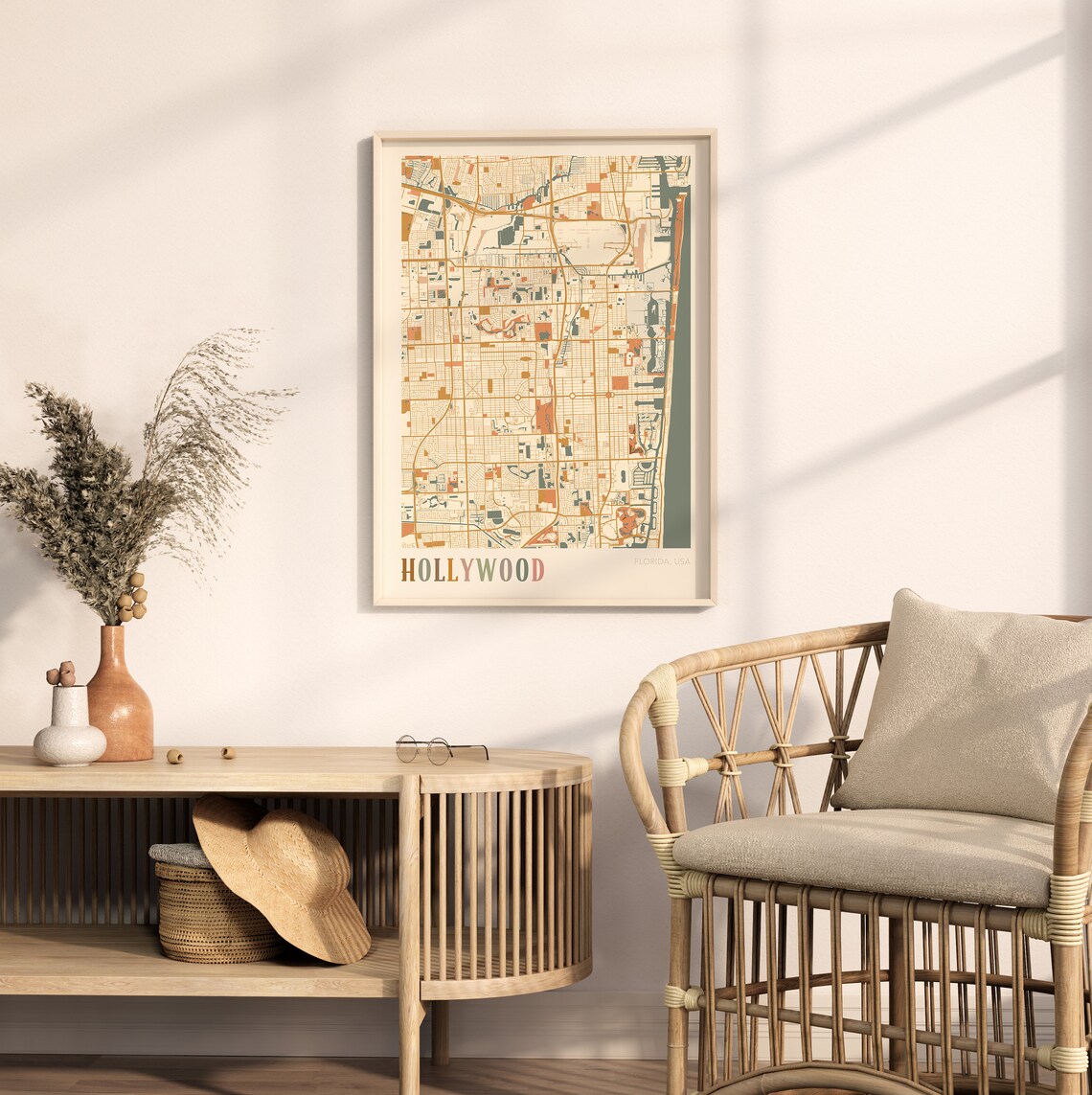 Hollywood Florida City Map Poster Warm Retro Street Map Home Decor - Image 2