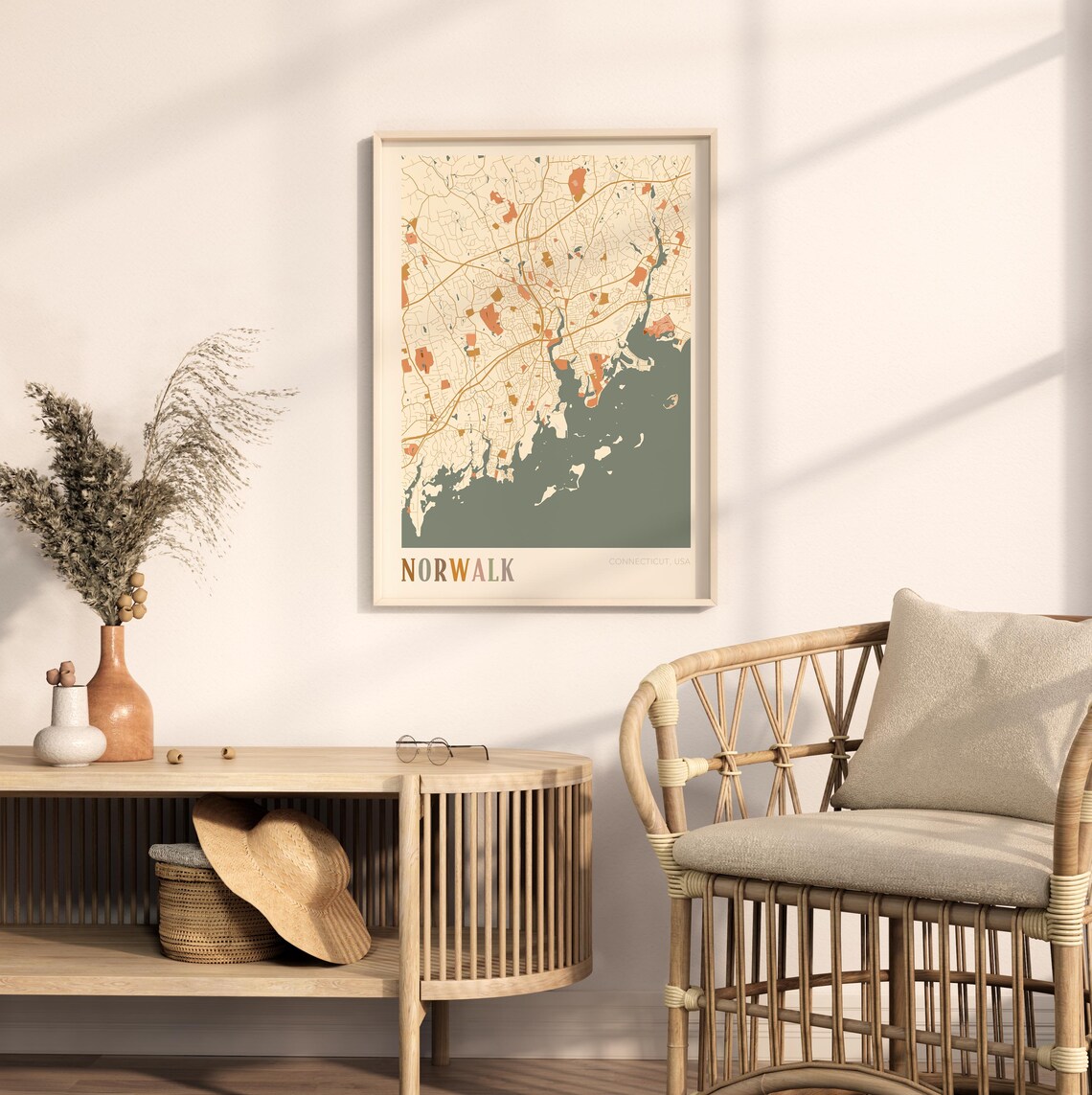Norwalk Connecticut Colorful Retro Coastal City Map Poster Boho Wall Decor - Image 2