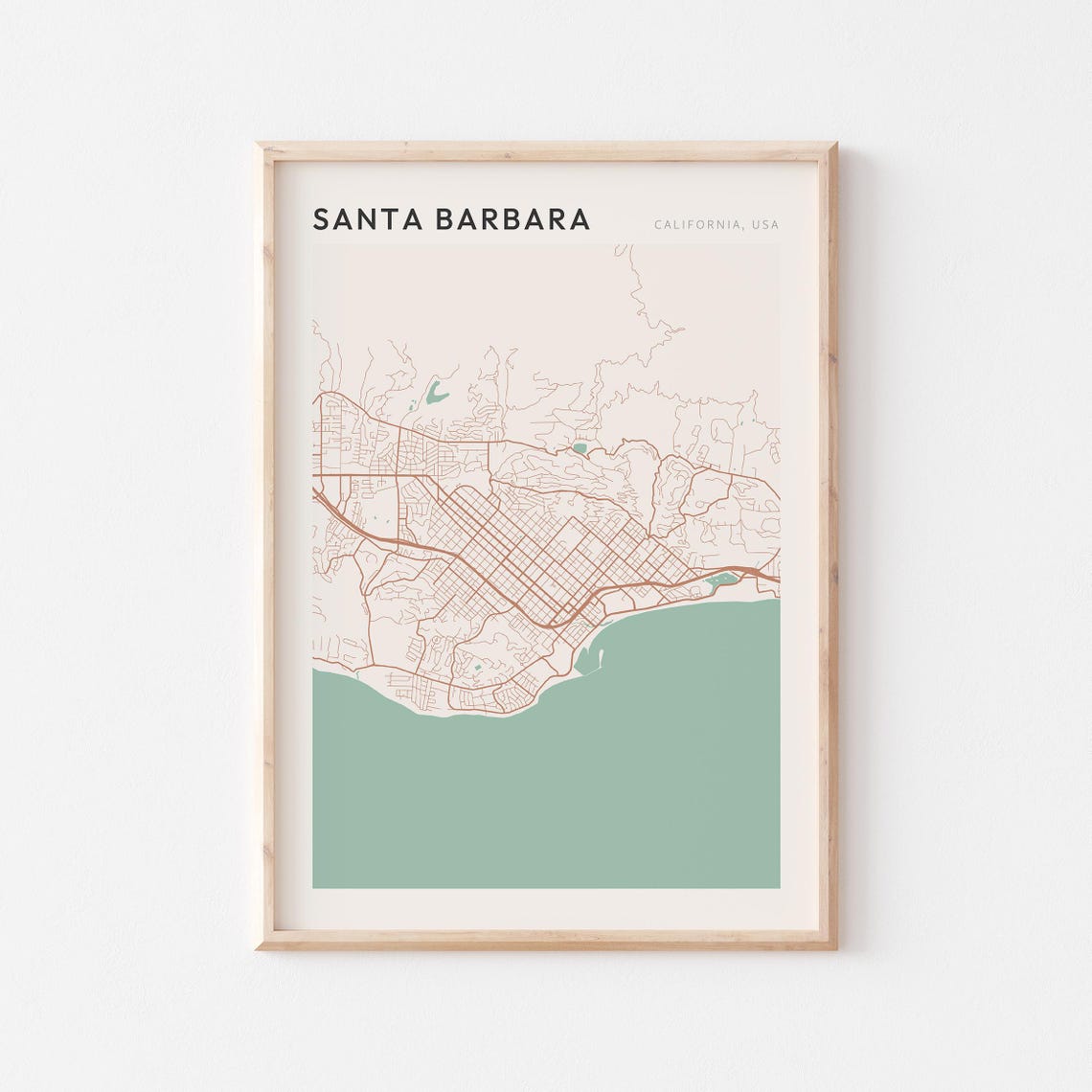 Santa Barbara California Coastal Minimalist City Street Map Poster