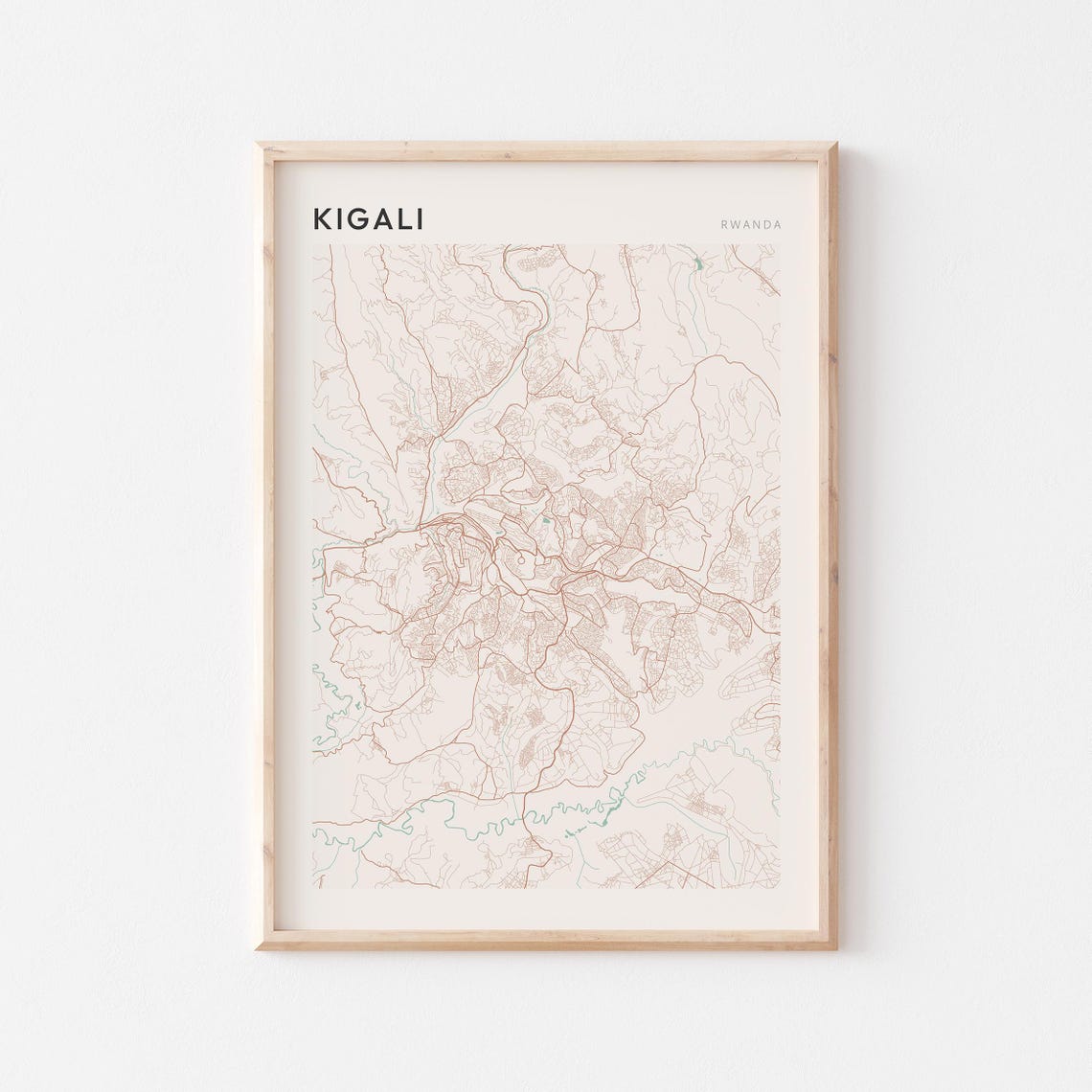 Kigali Rwanda Minimalist Street Map Poster Beige Neutral Tone Decor