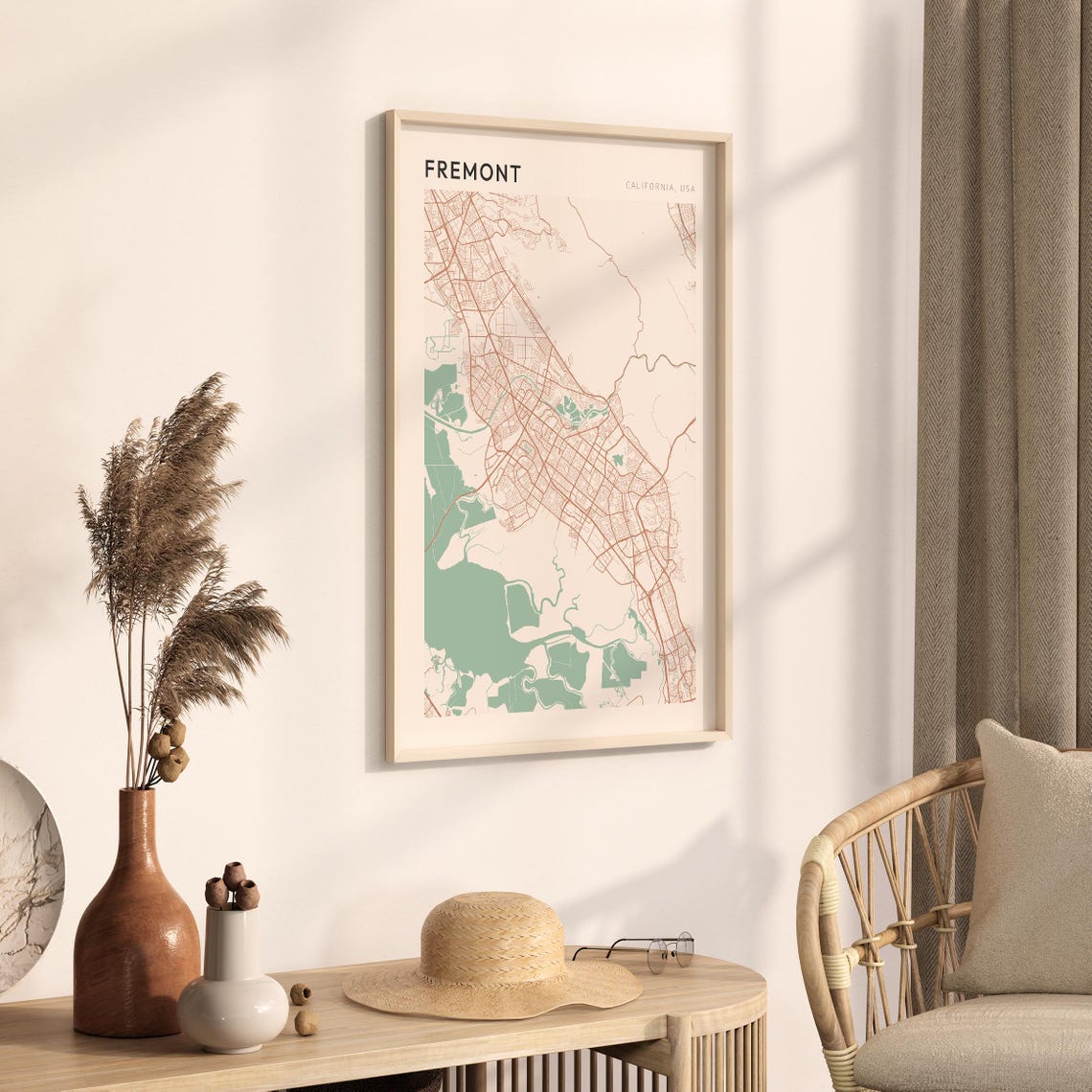 Fremont California Minimalist Street Map Poster in Blush and Sage - Image 3