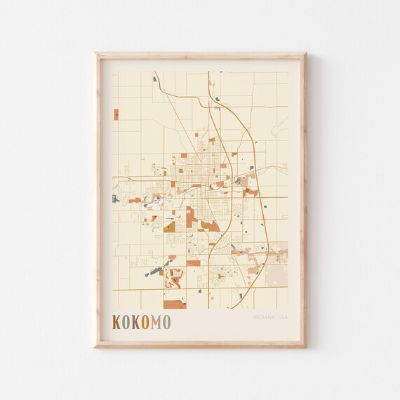 Kokomo Indiana Colorful Vintage City Map Art Cartography Poster
