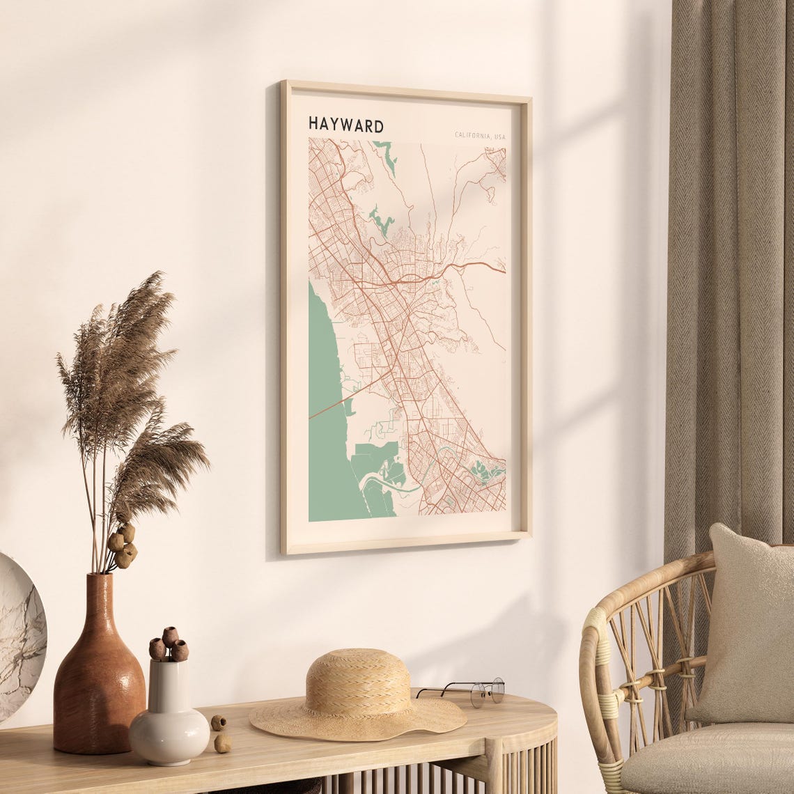 Hayward California Minimalist Street Map Poster in Blush and Sage - Image 3