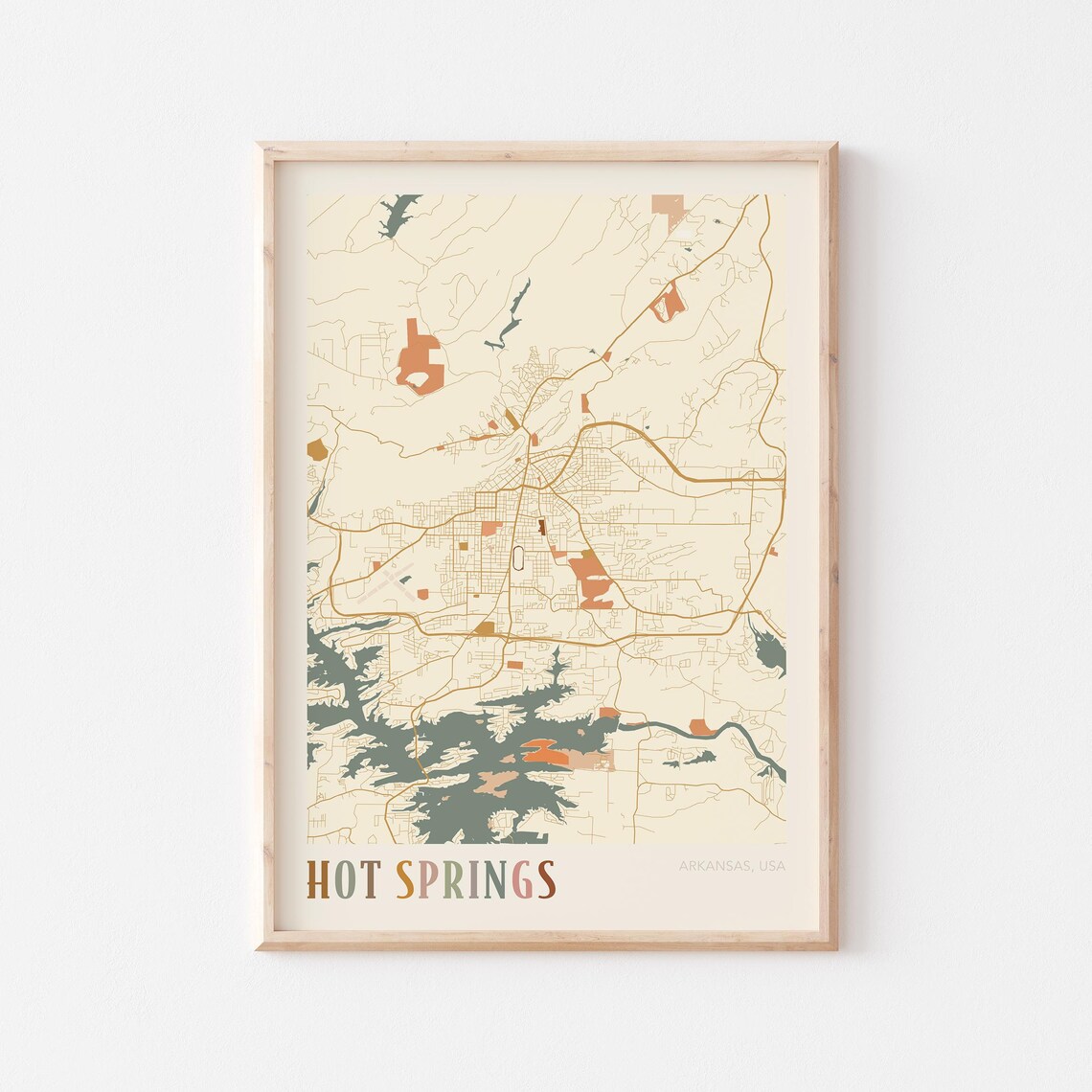 Hot Springs Arkansas Warm Earth Tone City Street Map Art Decor Poster