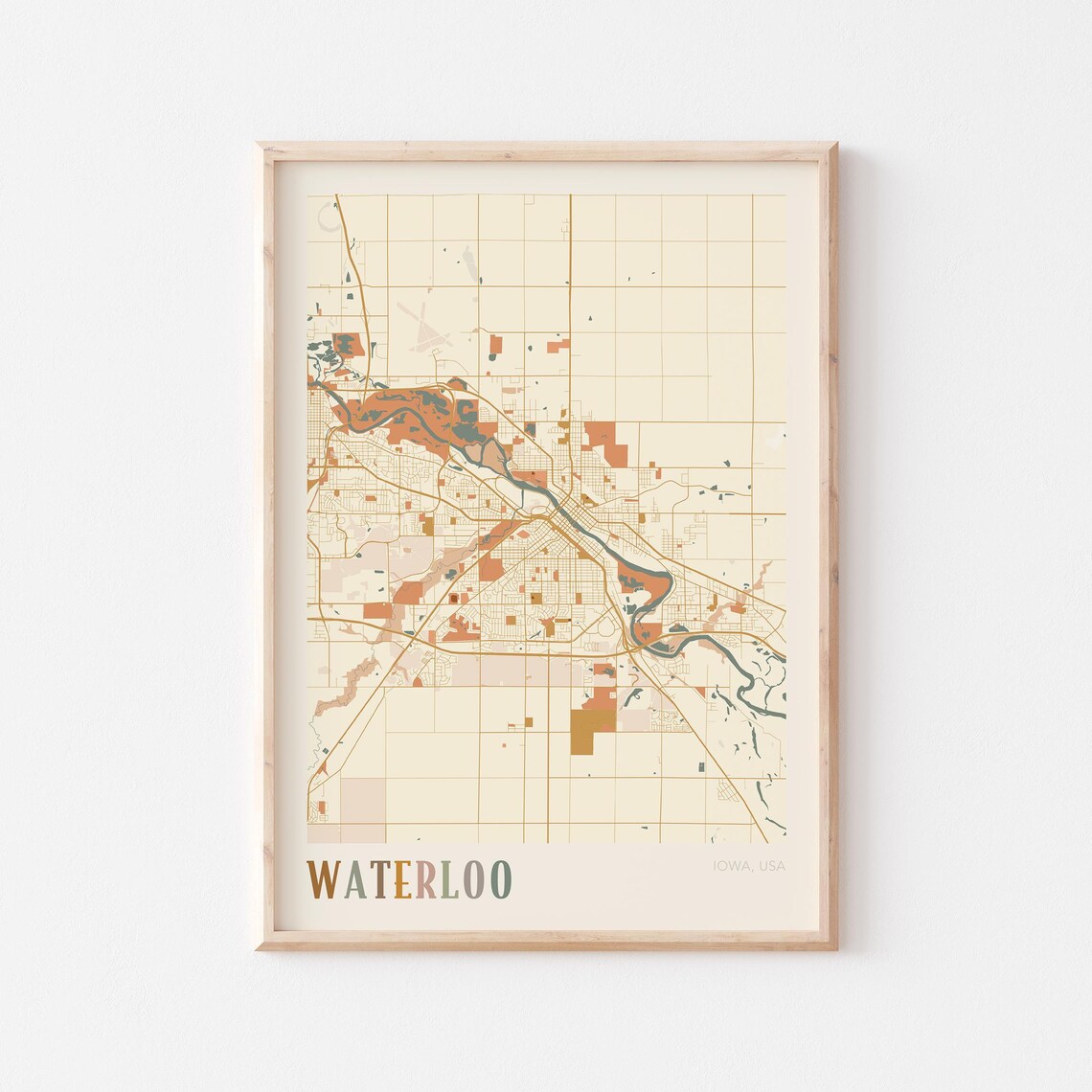 Waterloo Iowa City Map Poster Earth Tone Boho Minimalist Map Wall Decor Gift