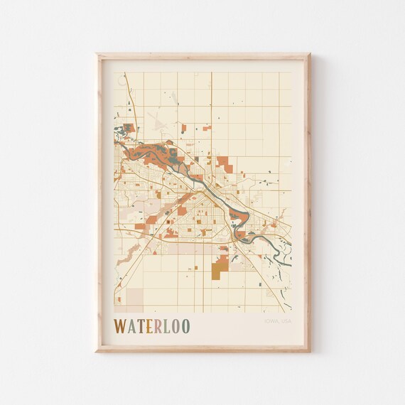 Waterloo Iowa City Map Poster Earth Tone Boho Minimalist Map Wall Decor Gift