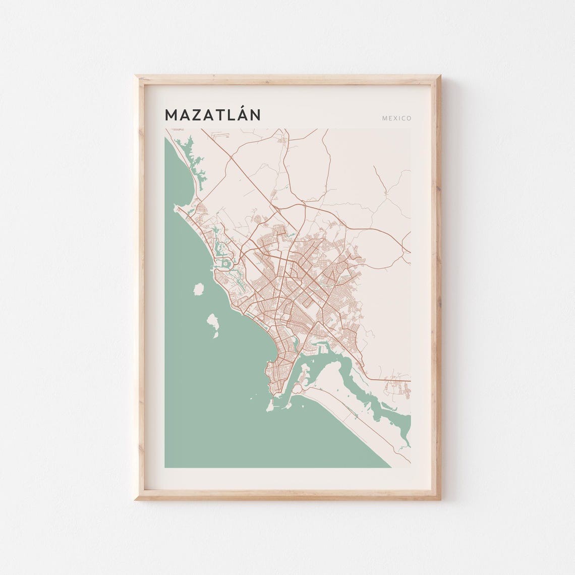 Mazatlan Mexico Coastal City Map Farmhouse Style Poster Art Gift