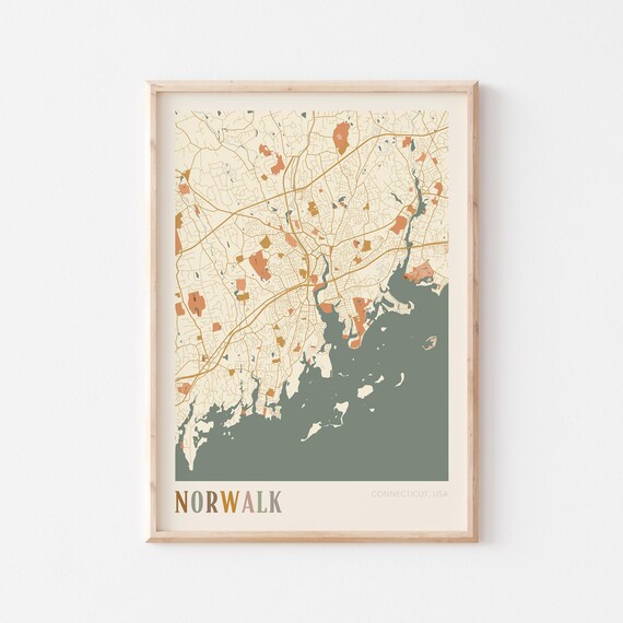 Norwalk Connecticut Colorful Retro Coastal City Map Poster Boho Wall Decor