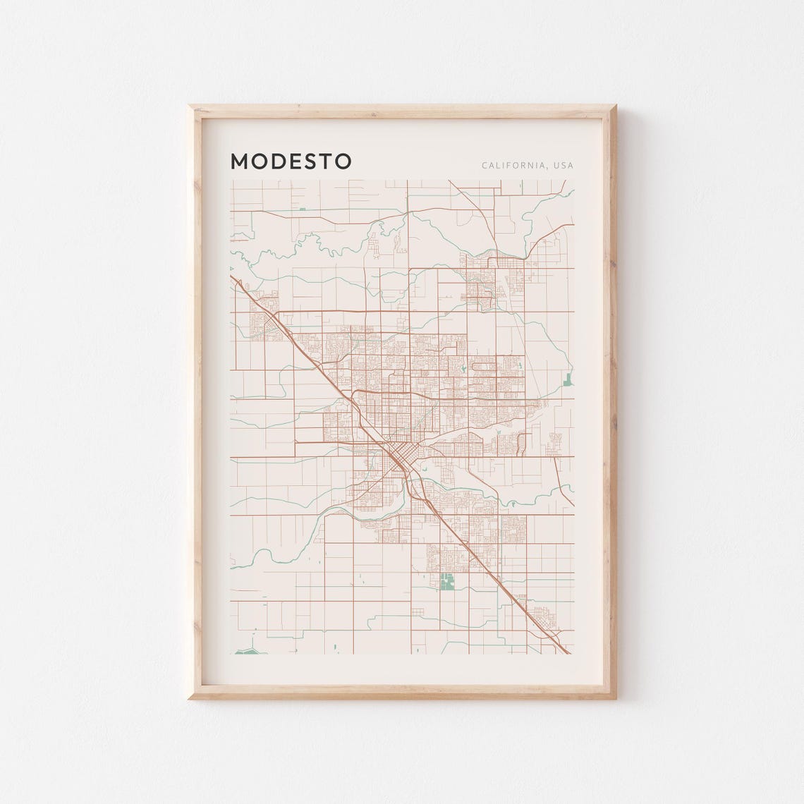Modesto California Minimalist Street Map Poster in Blush and Sage
