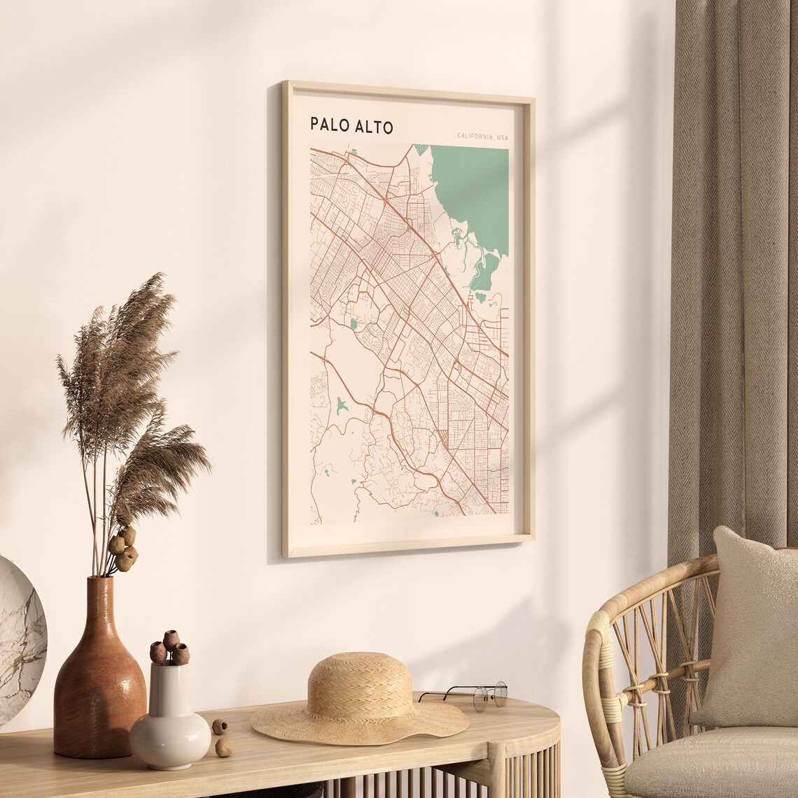 Palo Alto California Minimalist Street Map Poster in Blush and Sage - Image 3