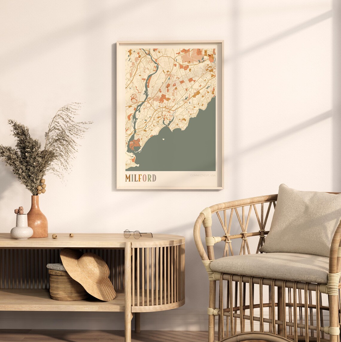 Milford Connecticut Colorful Retro Coastal City Map Poster Boho Wall Decor - Image 2