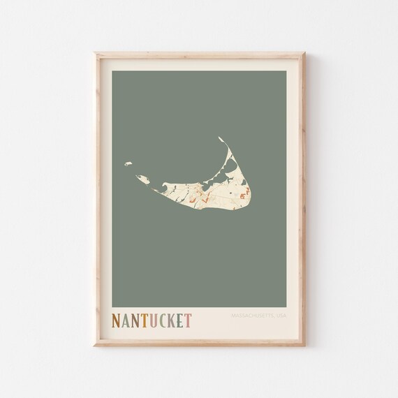 Nantucket Island Sage Green Boho Map Poster Massachusetts Travel Decor