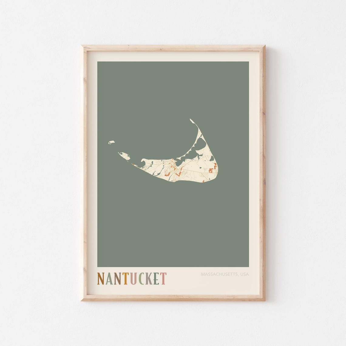 Nantucket Island Sage Green Boho Map Poster Massachusetts Travel Decor