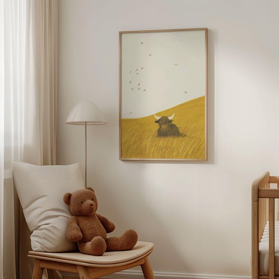 Highland Cow Nursery Art, Cozy Calf Watercolor