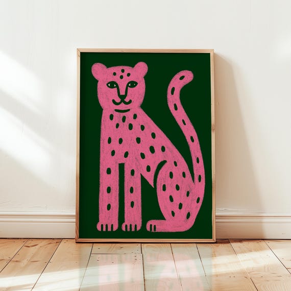 Pink Leopard Wall Art Bold Animal Poster Maximalist Sage Green Decor Modern Folk Print