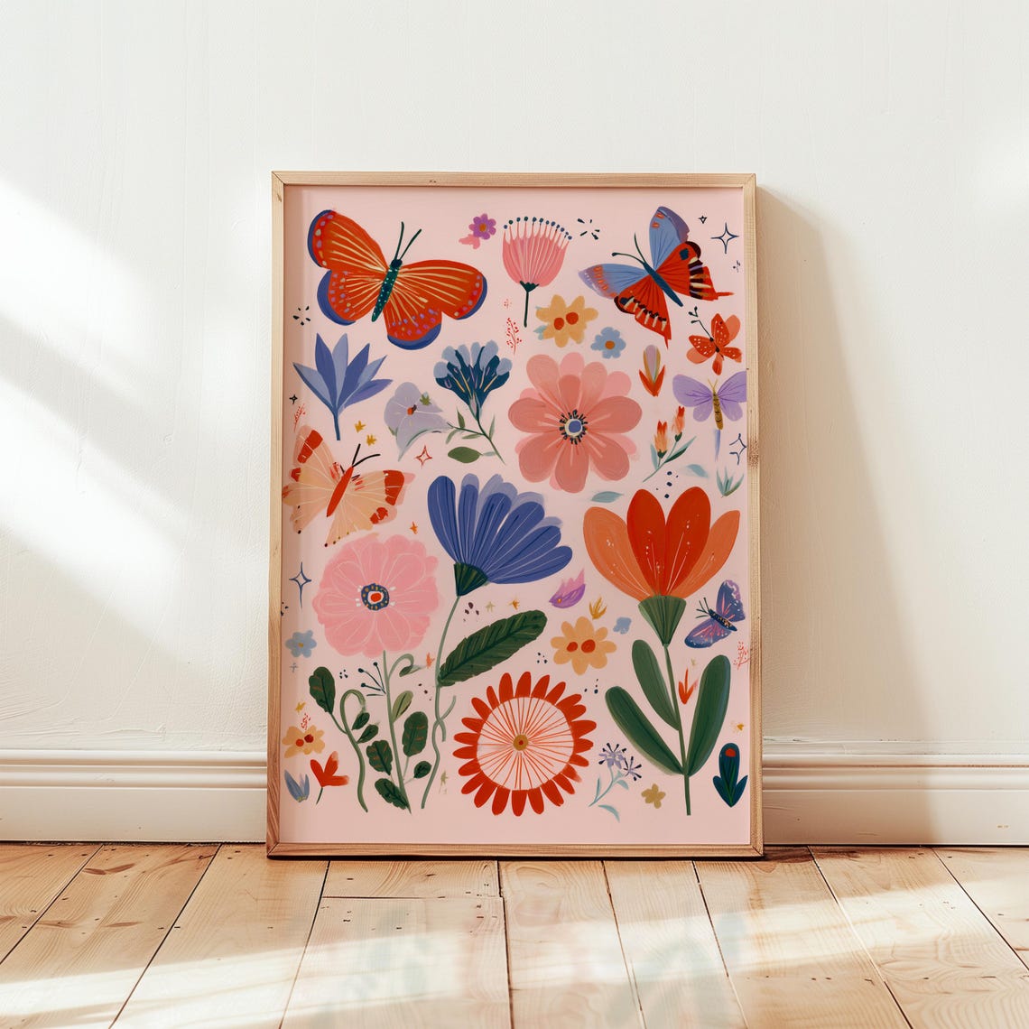 Cottagecore Flowers And Butterflies Cheerful Folk Art Poster