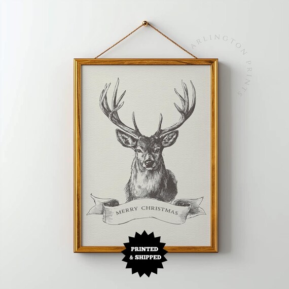 Merry Christmas Stag Sketch Rustic Holiday Deer Artwork Poster