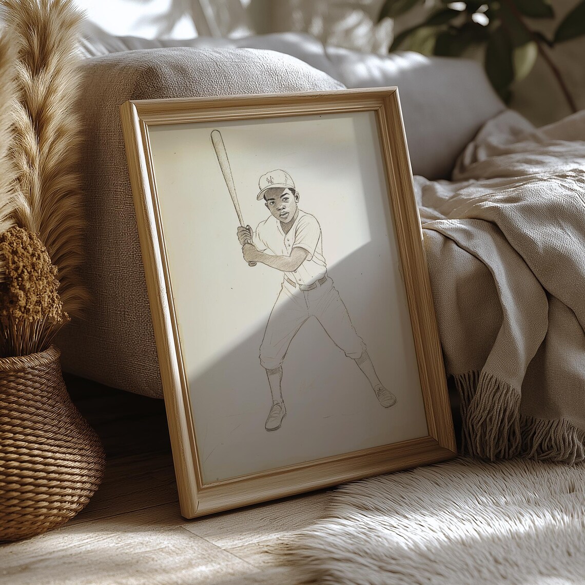 Vintage Baseball Player Boy Sketch Batter Swing Nursery Poster - Image 2