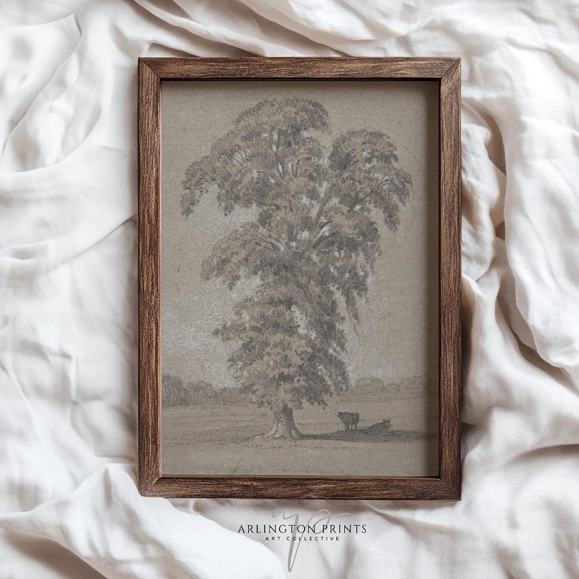Country Tree Sketch Cows in the Shade Vintage Pencil Drawing Poster - Image 3