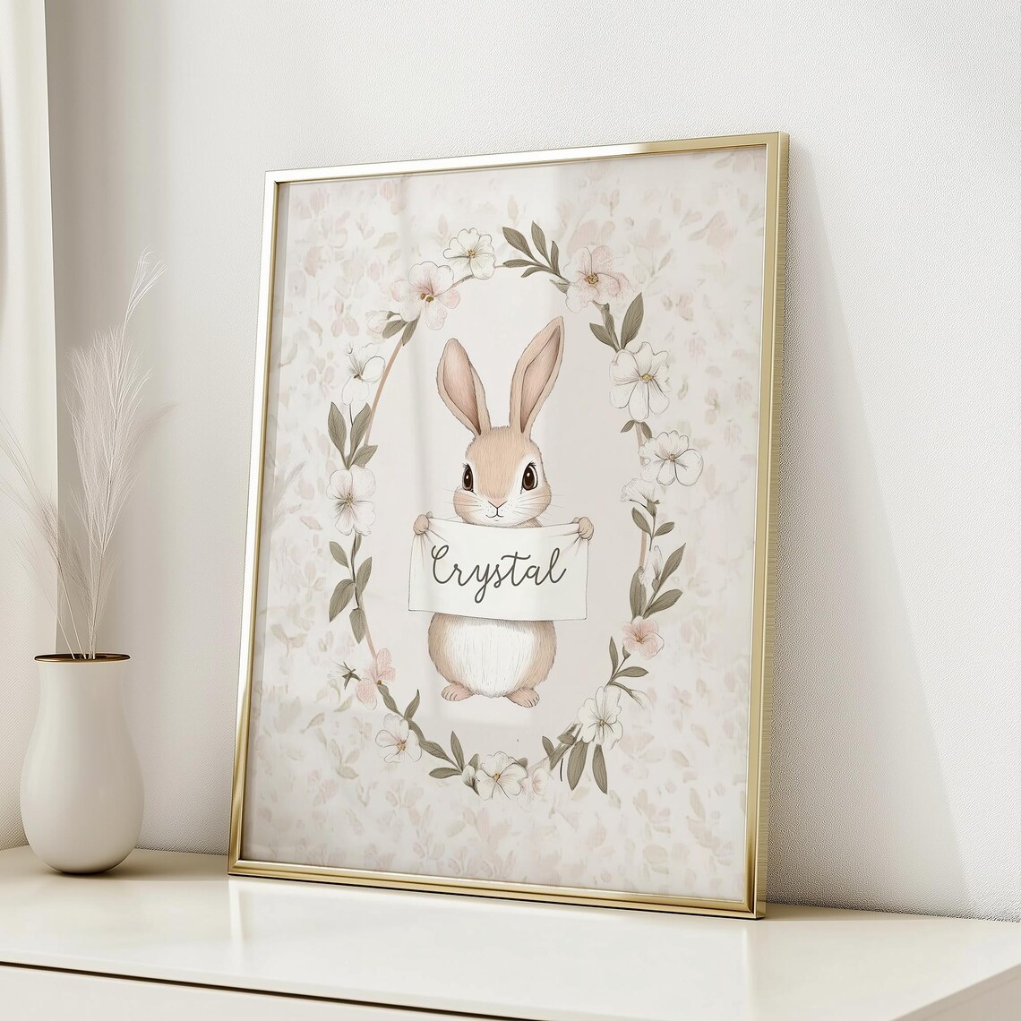 Personalized Bunny Holding Name Banner Floral Wreath Nursery Decor Poster - Image 5