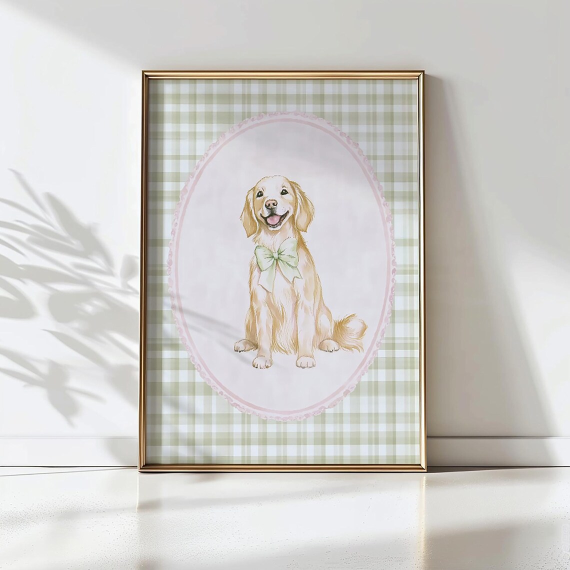 Golden Retriever Puppy Wearing Bow Gingham Nursery Art Poster - Image 3