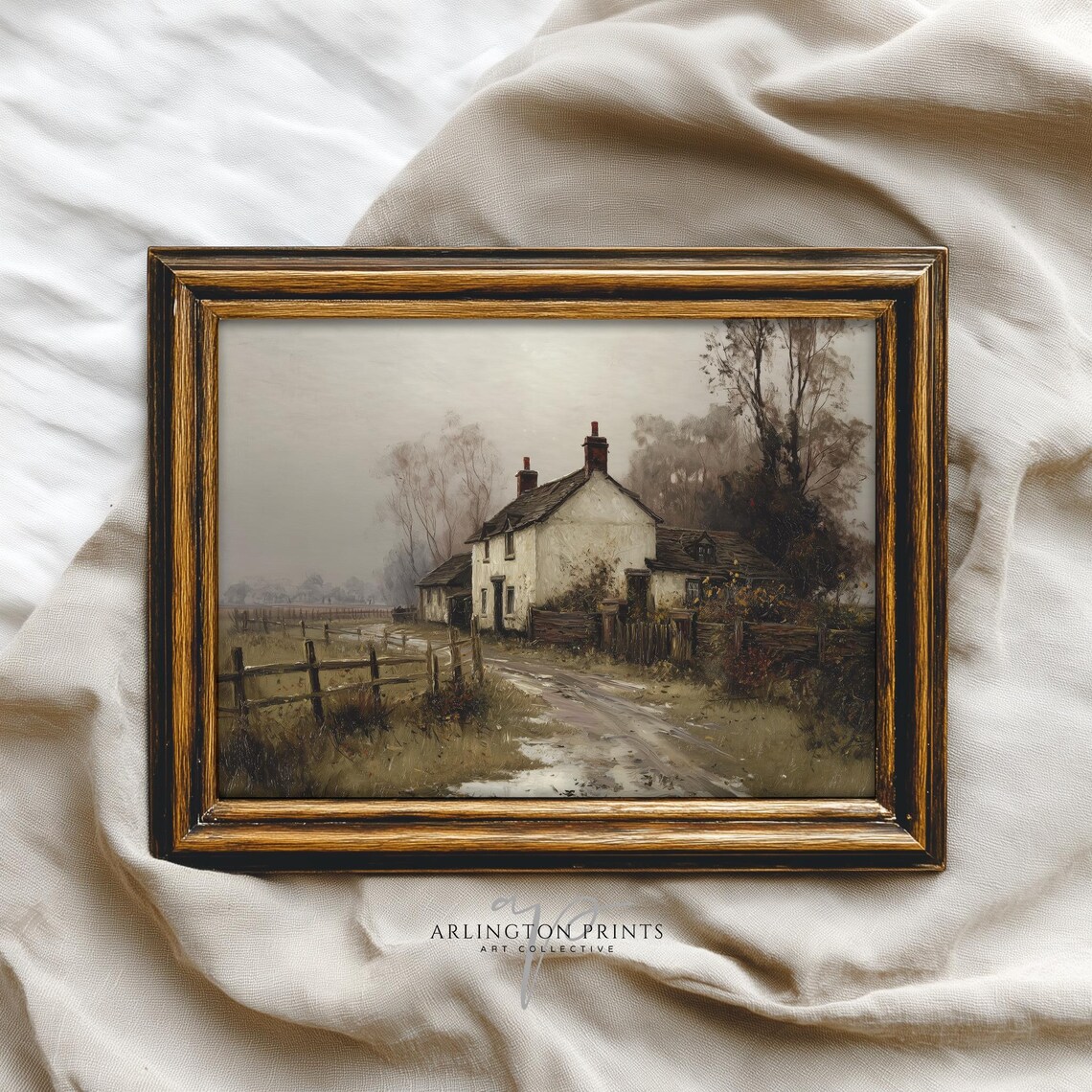 Vintage Autumn Cottage Art Print, Rustic Farmhouse