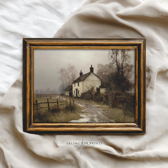 Vintage Autumn Cottage Art Print, Rustic Farmhouse